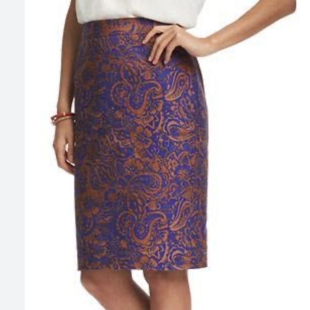 LOFT Pencil Skirt Brown & Blue Batik Floral Paisley Print Stretch Size 4 Office